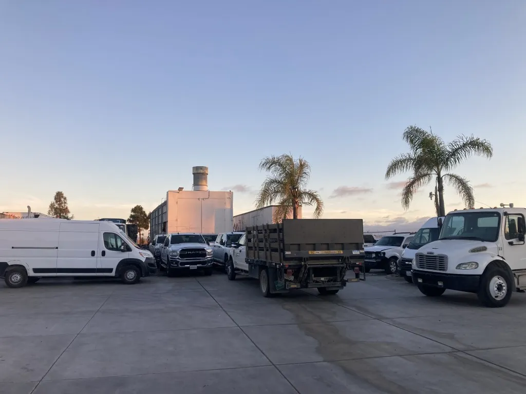 Heavy-duty truck at HD Truck Body fleet collision center in San Diego